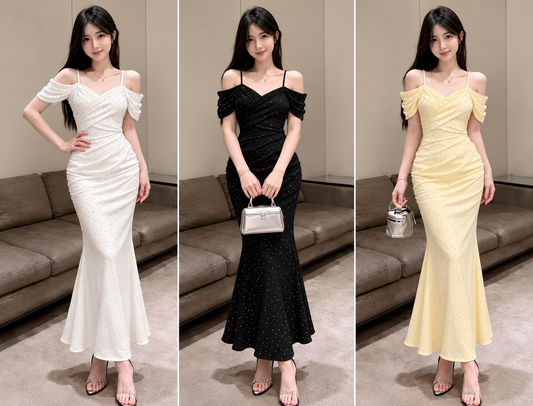 Ivory black pastel yellow shimmer ruched off shoulder mermaid maxi gown wholesale front views