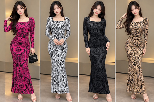 Pink white charcoal beige paisley floral print long sleeve square neck mermaid maxi gown wholesale front views