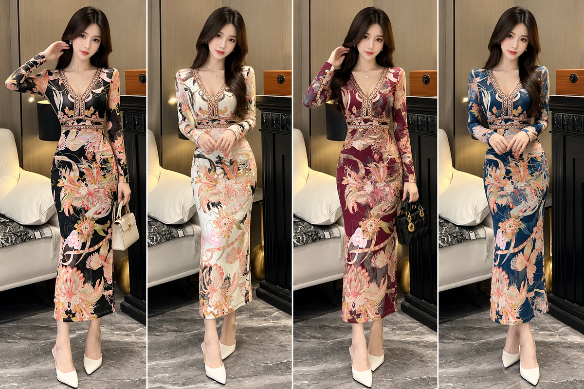 Black ivory maroon navy floral print V neck long sleeve fitted midi dress wholesale front views