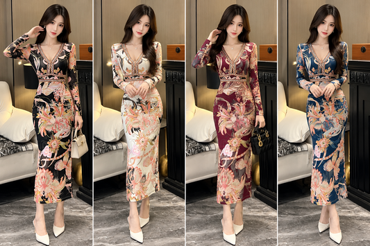 Black ivory maroon navy floral print V neck long sleeve fitted midi dress wholesale front views