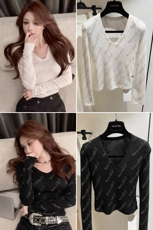 Imported Korean V-Neck Printed Full Sleeve Top for Women – Wholesale