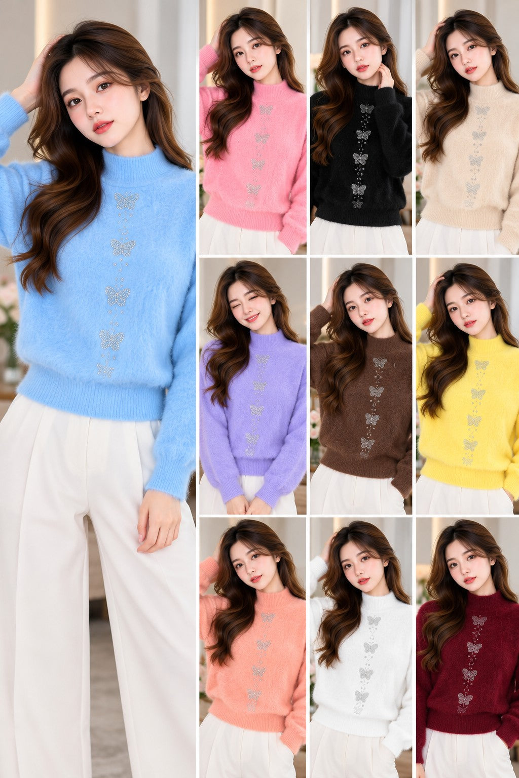 Women's soft fuzzy mock-neck sweater with sparkling butterfly motifs in ten colours