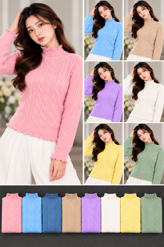 Women's cable-knit mock-neck sweater with ruffle trim in eight assorted colours
