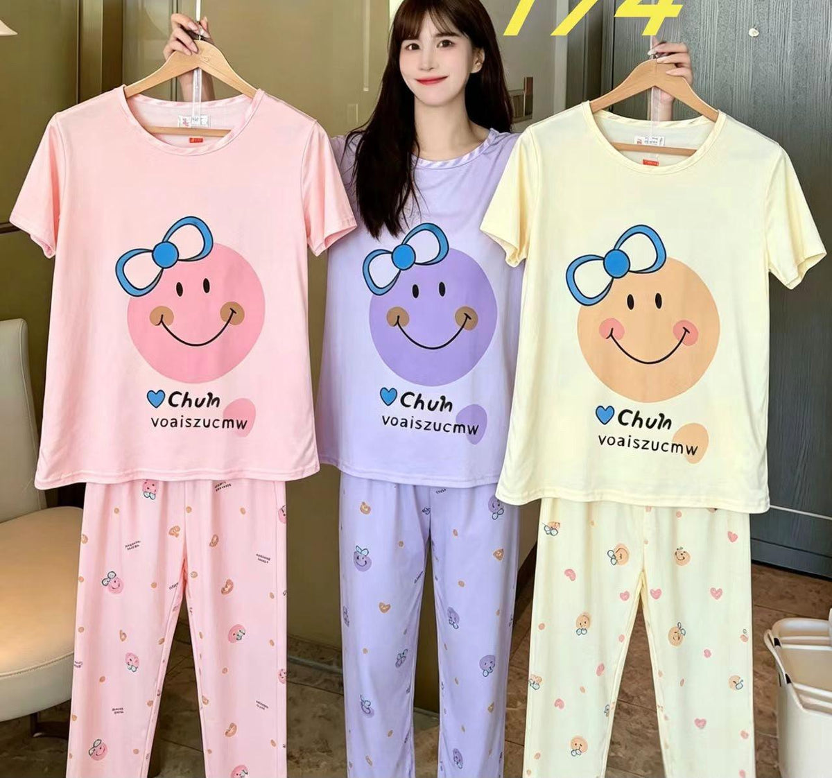 Korean cartoon print T-shirt and long pants night suit assorted design 1 Zadine Fashion