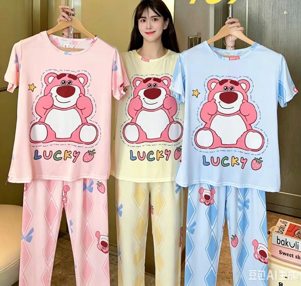 Korean cartoon print T-shirt and long pants night suit assorted design 2 Zadine Fashion