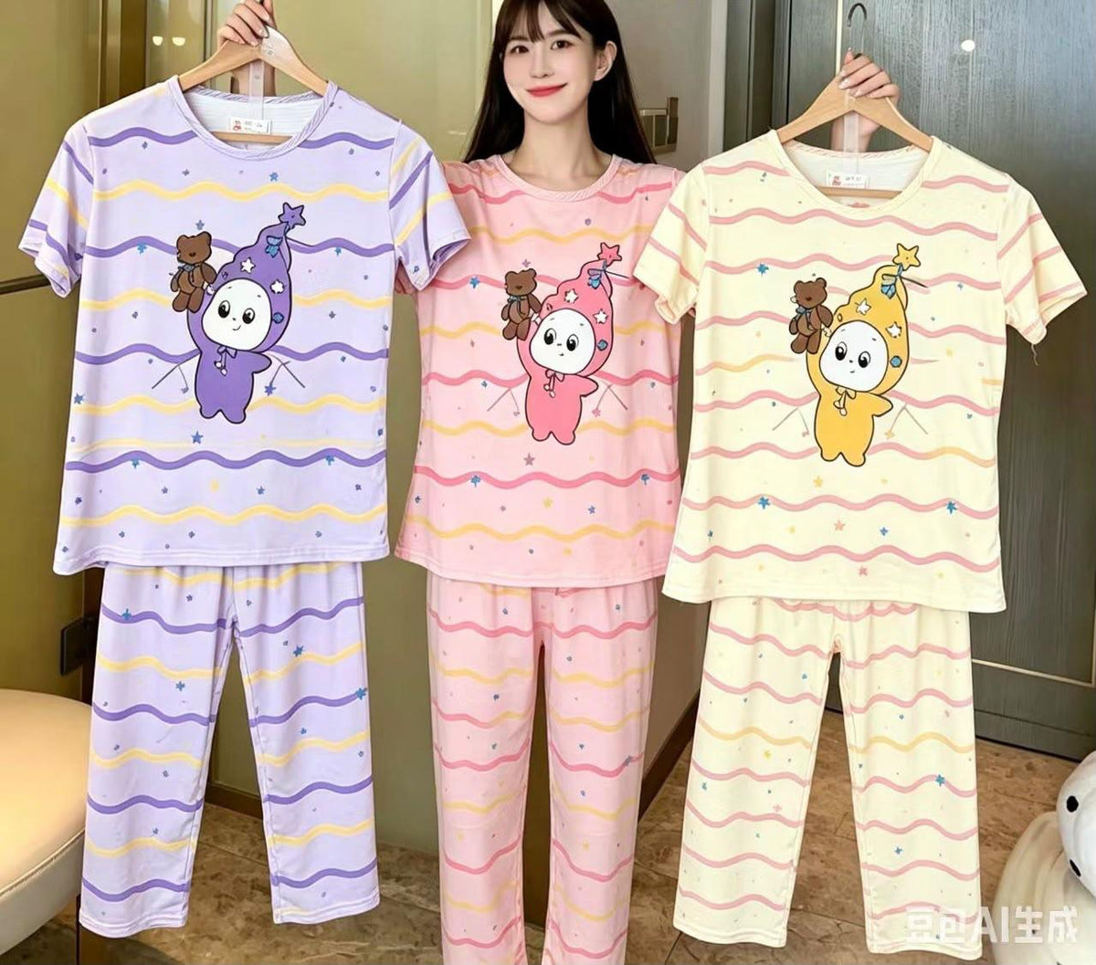 Korean cartoon print T-shirt and long pants night suit assorted design 3 Zadine Fashion