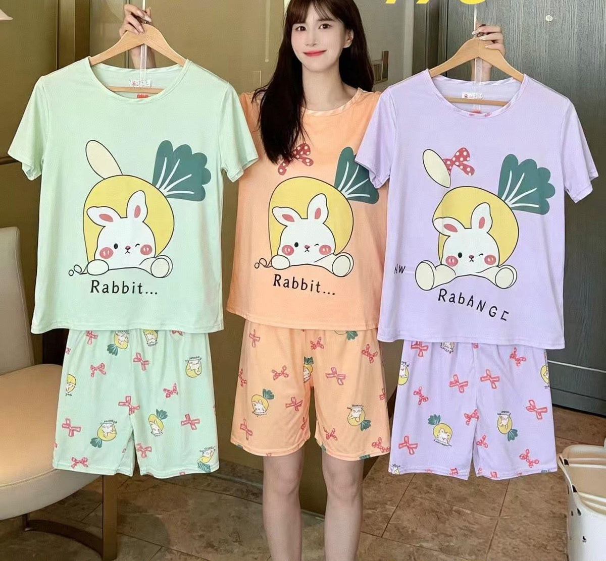 Korean cartoon rabbit print T-shirt and shorts night suit assorted colour design 1 Zadine Fashion