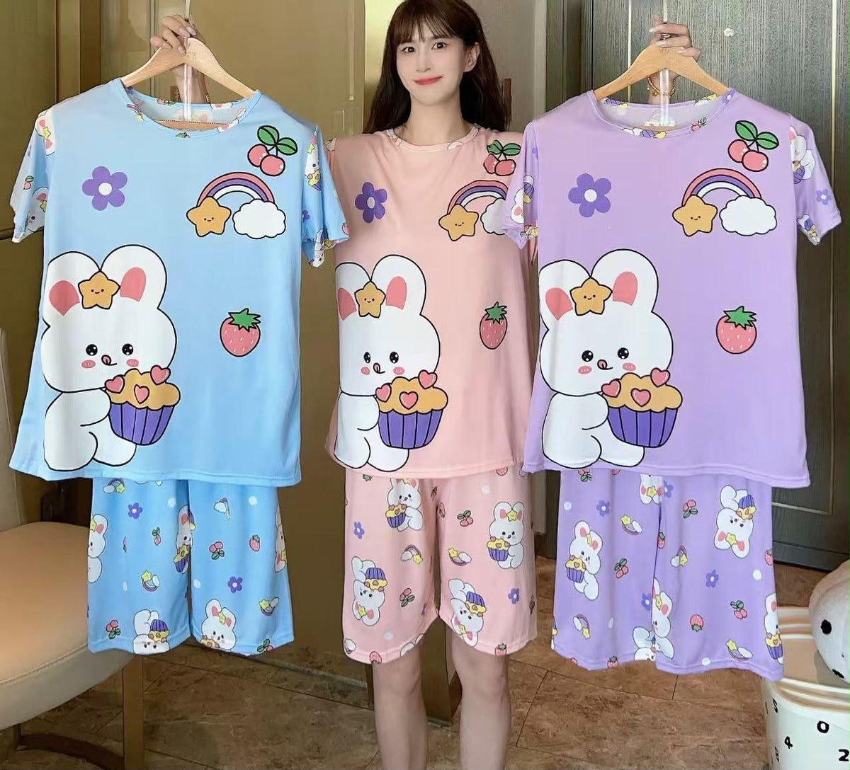 Korean cartoon rabbit print T-shirt and shorts night suit assorted colour design 2 Zadine Fashion
