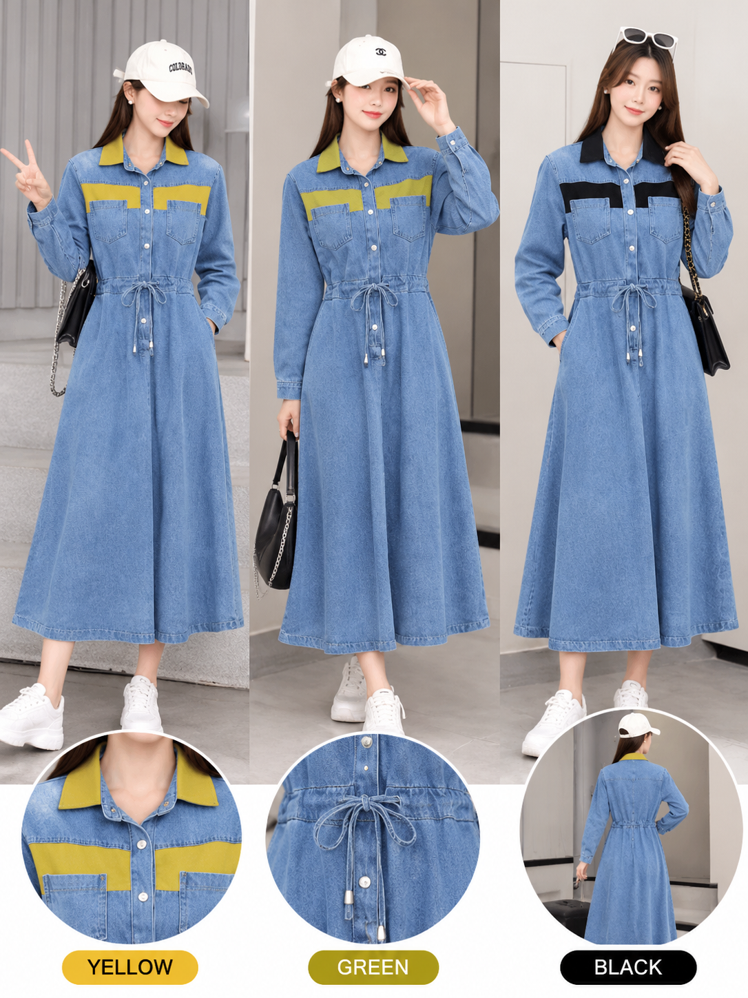 Women's denim midi shirt dress with contrast collar and chest panels, drawstring waist, and yellow green and black accents