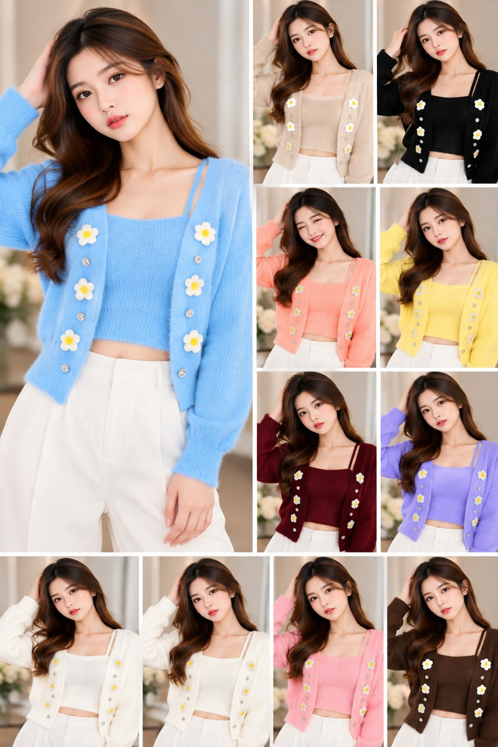 Daisy embellished soft fuzzy knit cardigan and matching top in assorted colours – Zadine Fashion wholesale
