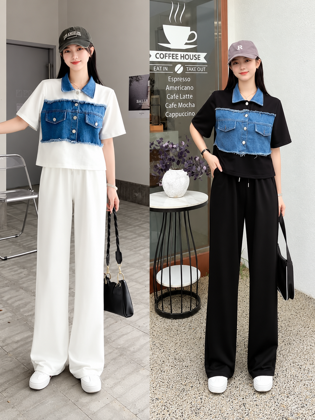 Women's black and white co-ord sets featuring denim collar and frayed denim front panel tops with wide-leg trousers