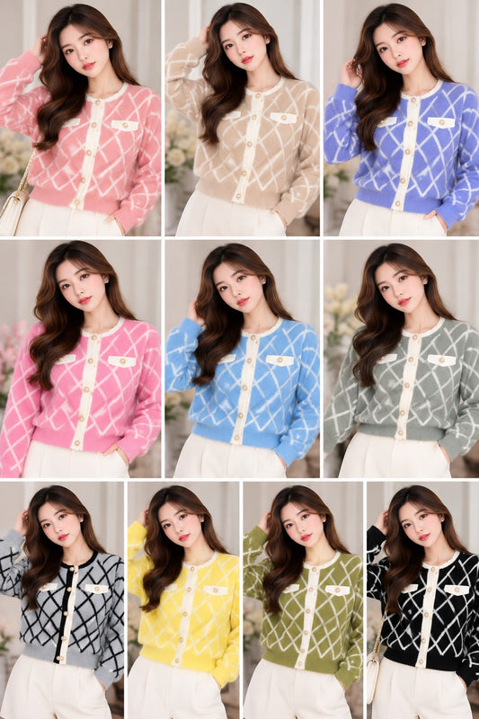 Women's diamond-pattern fuzzy knit cardigan with contrast trim in ten colours