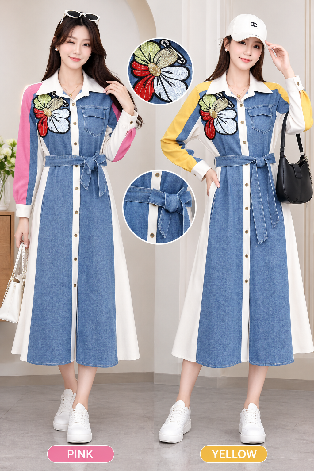 Women's belted denim panel shirt dress with floral embellishment and pink or yellow contrast sleeves