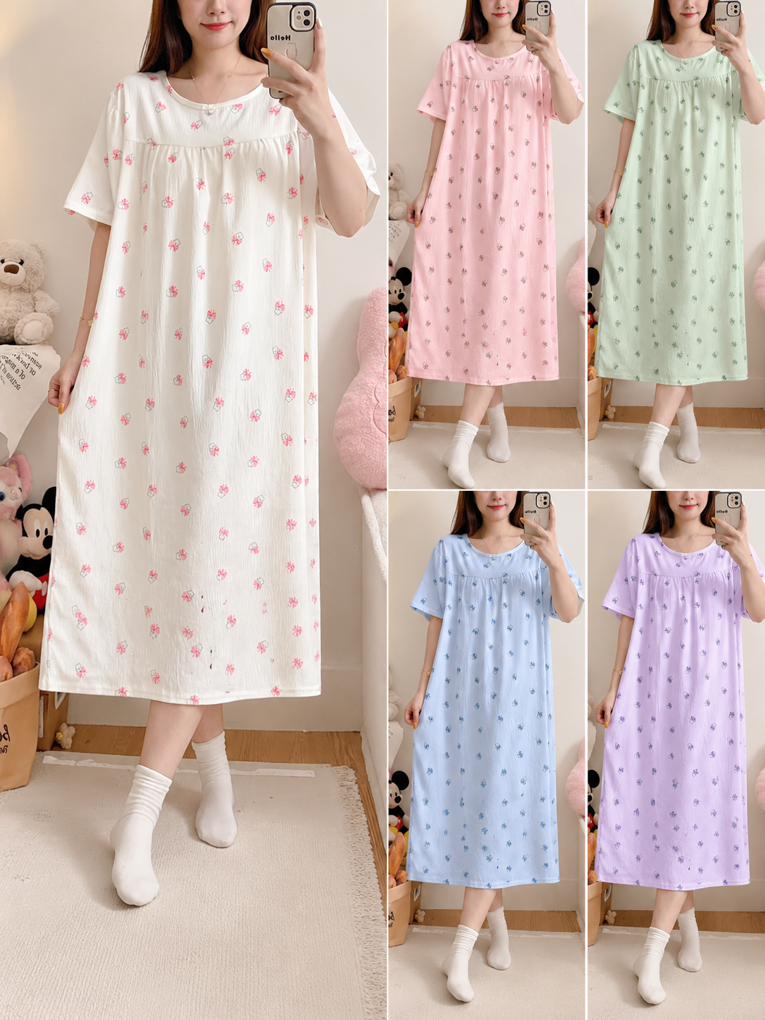 Pastel floral Korean midi nightdress in five colours wholesale