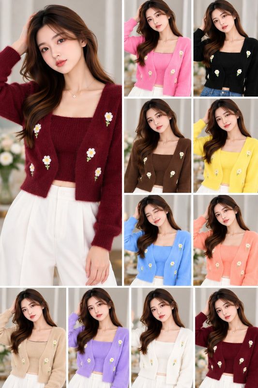 Korean-style fuzzy open-front cardigan with daisy flower details and matching top in assorted colours