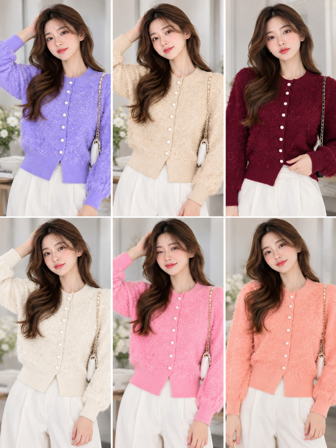 Women's floral-textured pearl-style button cardigan in lavender, beige, burgundy, cream, pink and peach