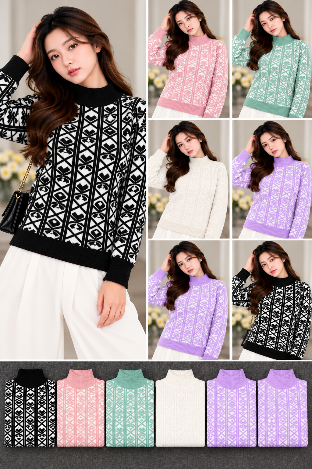 Women's geometric patterned mock-neck knit sweater in assorted colours