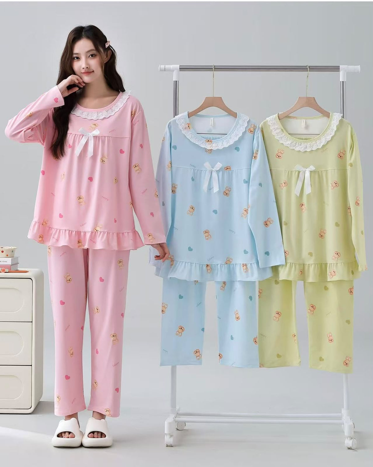 Korean lace collar long sleeve printed night suit colour and design 1 Zadine Fashion