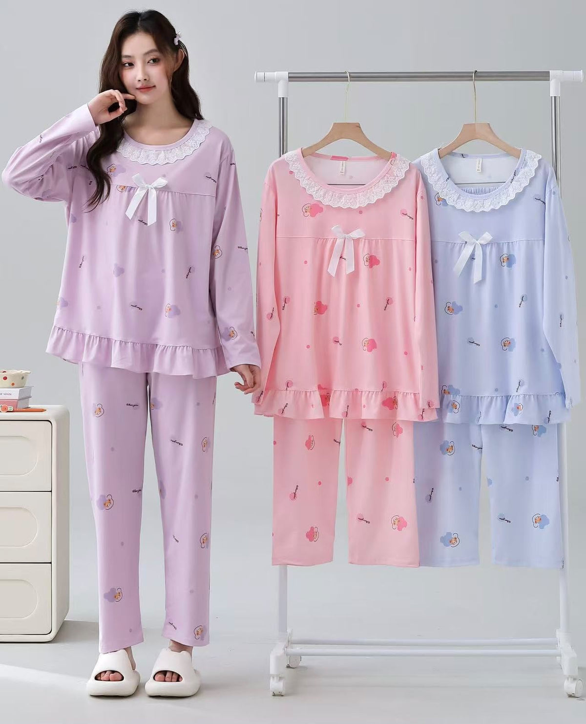 Korean lace collar long sleeve printed night suit colour and design 2 Zadine Fashion