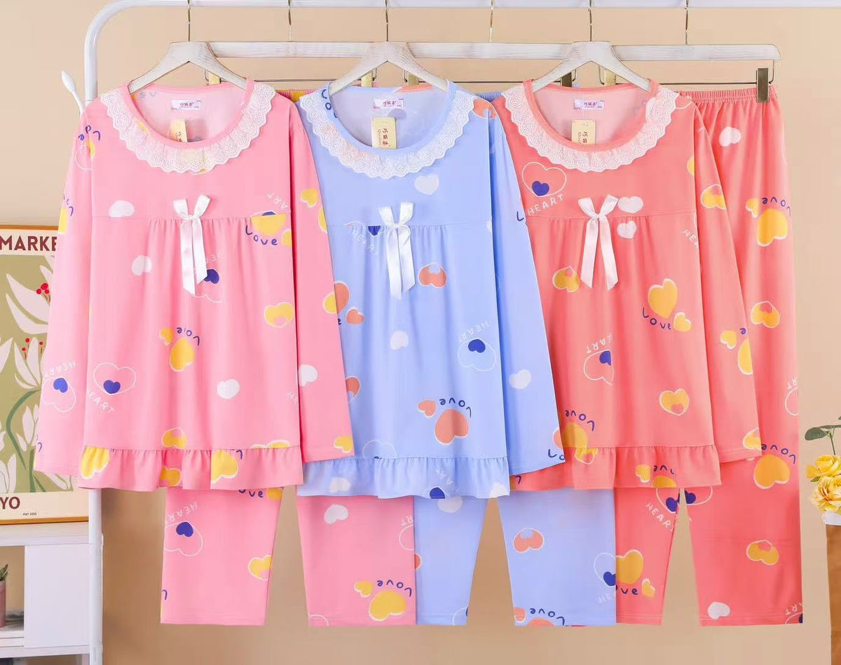 Korean lace collar long sleeve printed night suit colour and design 3 Zadine Fashion