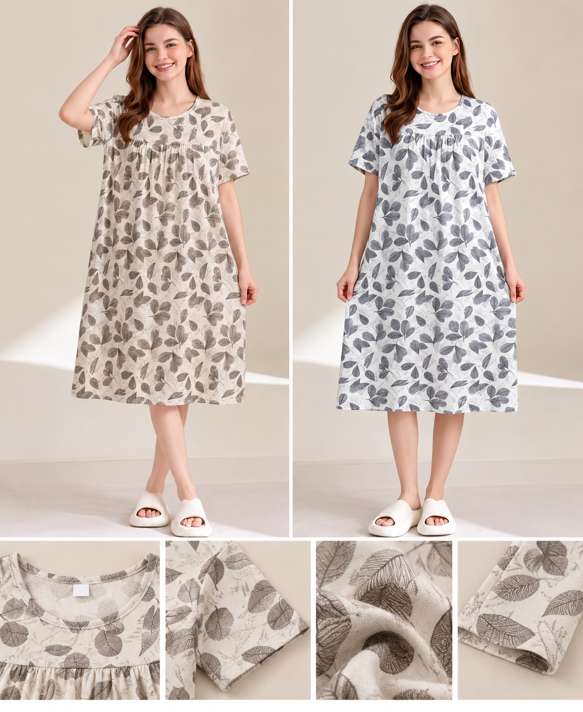 Beige brown and white grey leaf print Korean midi nightdress wholesale