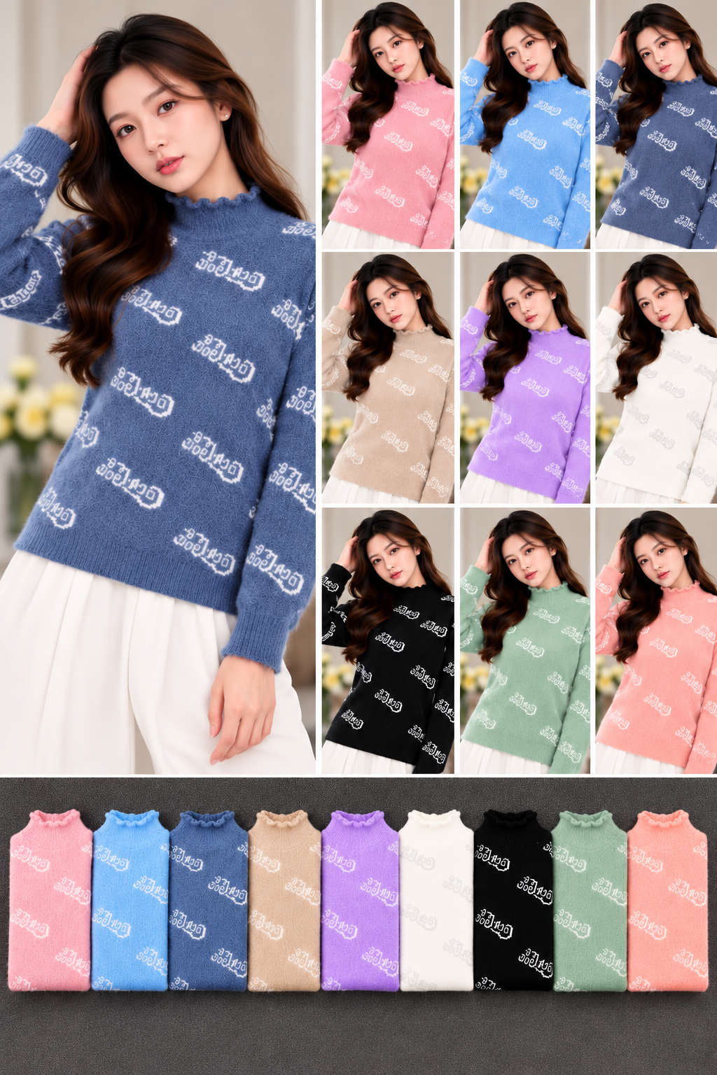 Women's fuzzy letter-pattern sweater with scalloped mock neck in assorted colours