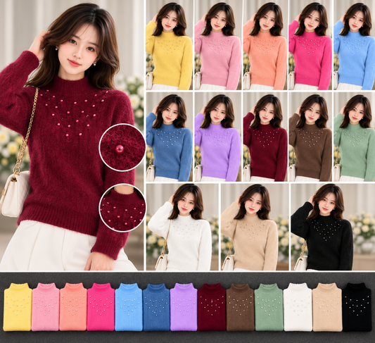 Women's pearl-embellished fuzzy knit mock-neck sweater in assorted colours with bead detail closeups