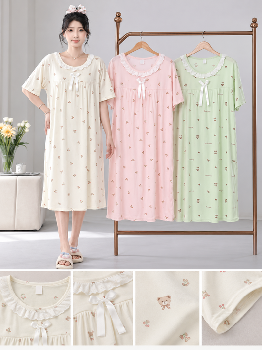 Cream pink mint Korean printed lace collar midi nightdress with bow wholesale
