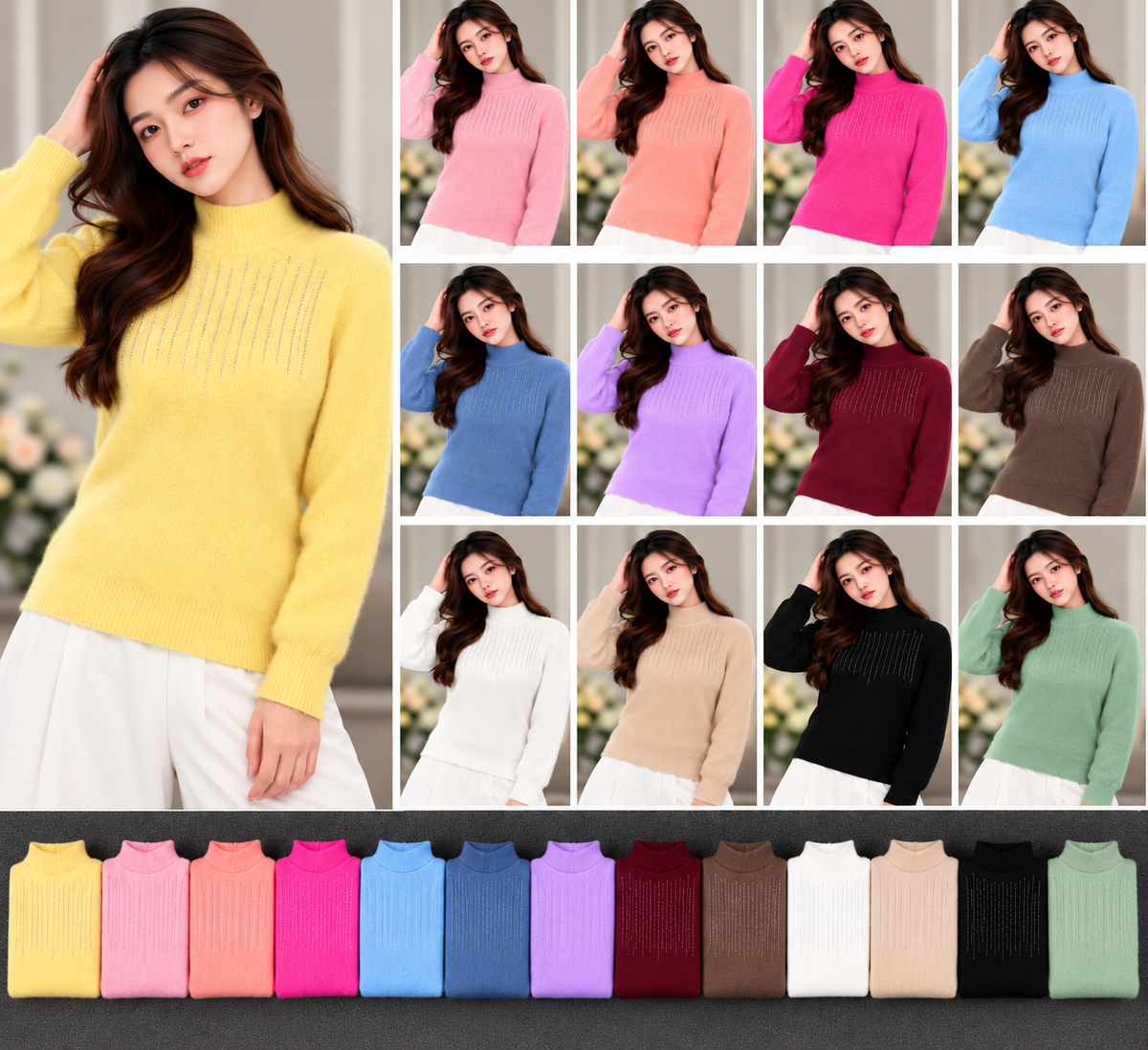 Women's fuzzy knit mock-neck sweater with sparkling vertical stripe embellishments in assorted colours