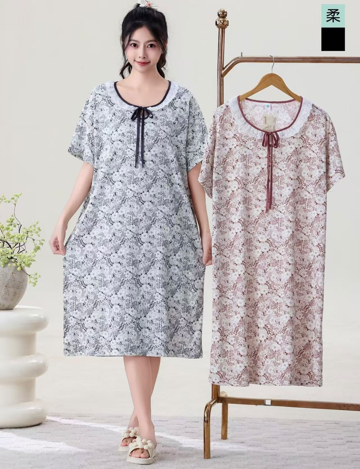 Korean striped floral bow neck nightdress Zadine Fashion wholesale photo 2