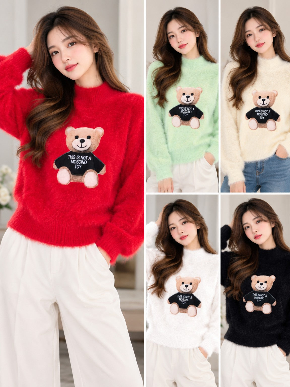 Soft fuzzy teddy-bear motif sweater in red, mint, cream, white and black