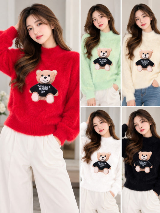 Soft fuzzy teddy-bear motif sweater in red, mint, cream, white and black