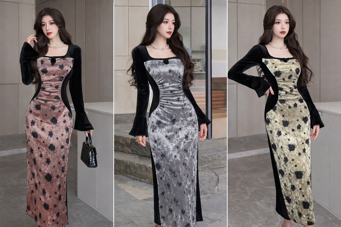 Imported Korean Bodycon Maxi Dress for Women | Floral Contrast Sleeve Dress | Wholesale Western Wear Supplier India – Zadine Fashion