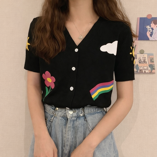 Imported Korean Knitted Button Top for Women | Printed Knit T-Shirt | Wholesale Western Wear Supplier India – Zadine Fashion