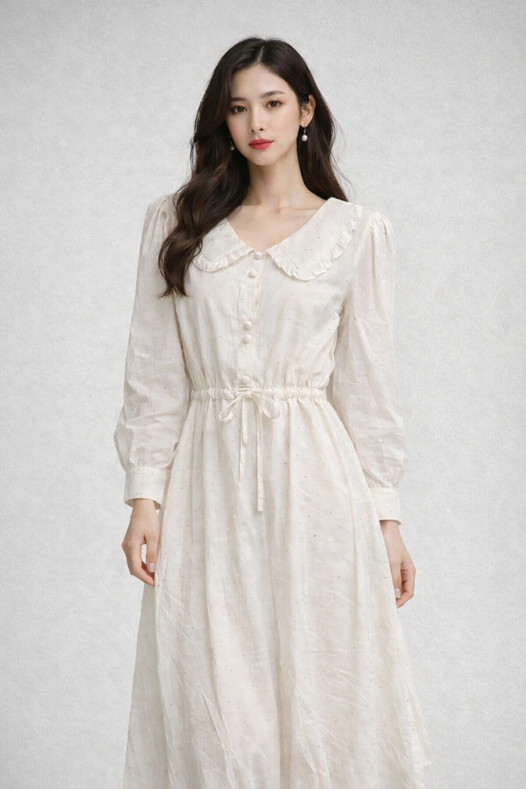 Imported Korean Cotton Midi Dress for Women | Lace Collar Tie-Waist Dress | Wholesale Western Wear Supplier India – Zadine Fashion