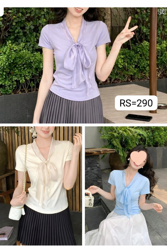 Imported Korean Knit Bow Neck Top for Women | Short Sleeve Western Top | Wholesale Korean Tops Supplier India – Zadine Fashion