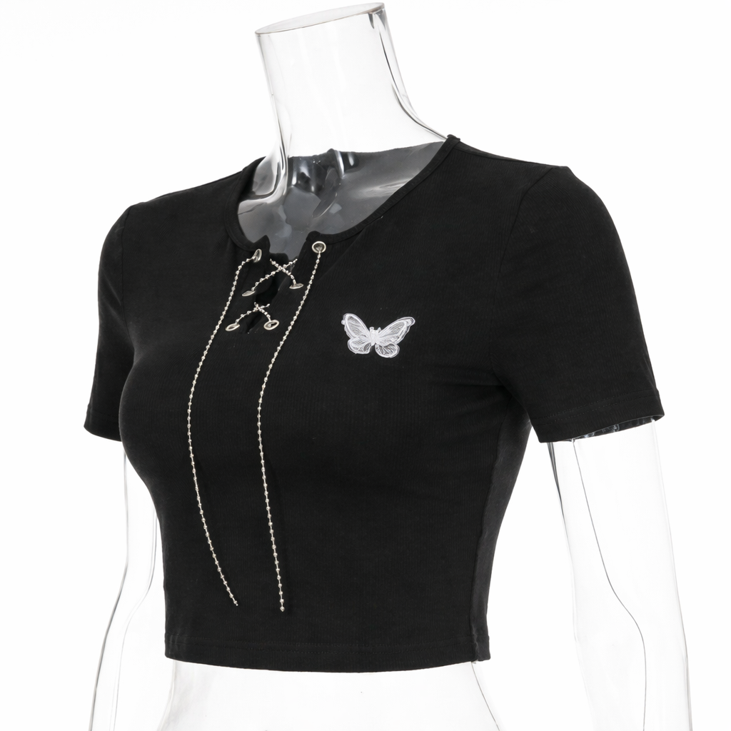 Imported Korean Crop Knit Top with Lace-Up Neck & Butterfly Patch | Short Sleeve Western Top | Wholesale Supplier India – Zadine Fashion