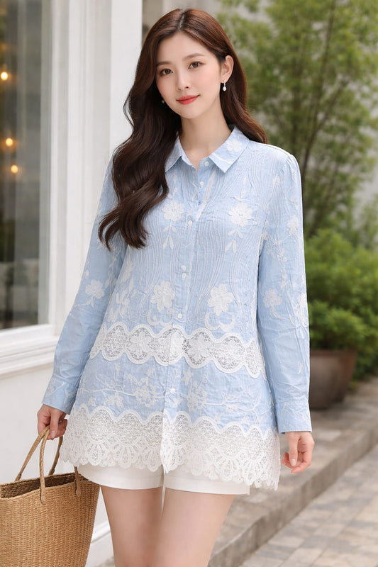 Imported Korean Designer Embroidered Lace Long Tunic Shirt Wholesale Wholesale India - Zadine Fashion