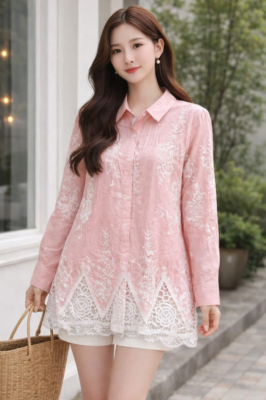 Imported Korean Floral Embroidered Lace Long Shirt Wholesale Wholesale India - Zadine Fashion