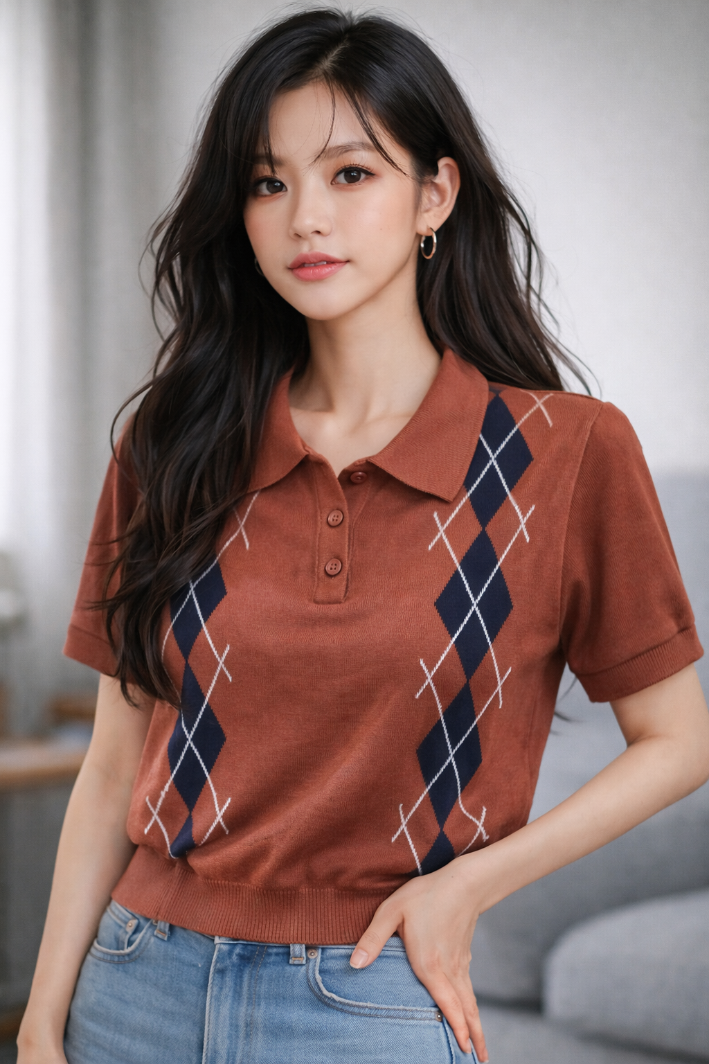 Imported Korean Argyle Polo Knit Top Wholesale Wholesale India - Zadine Fashion