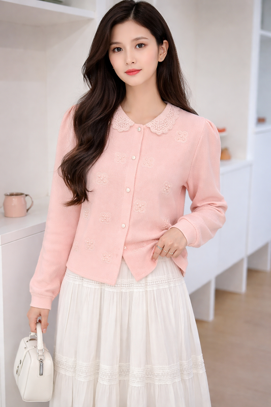 Imported Korean Floral Embroidered Lace Collar Shirt for Women – Korean Western wear Wholesale Supplier