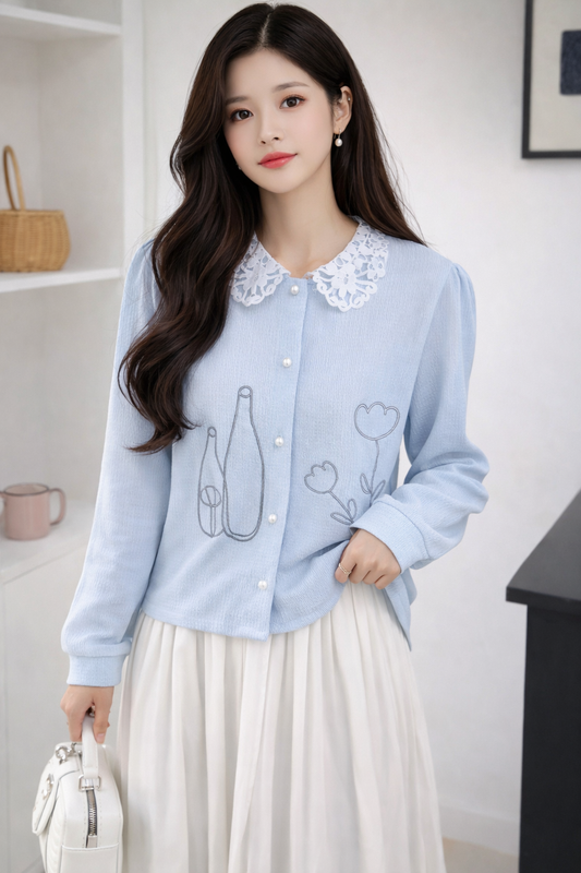 Imported Korean Embroidered Lace Collar Shirt for Women – Korean Westernwear Wholesale Supplier