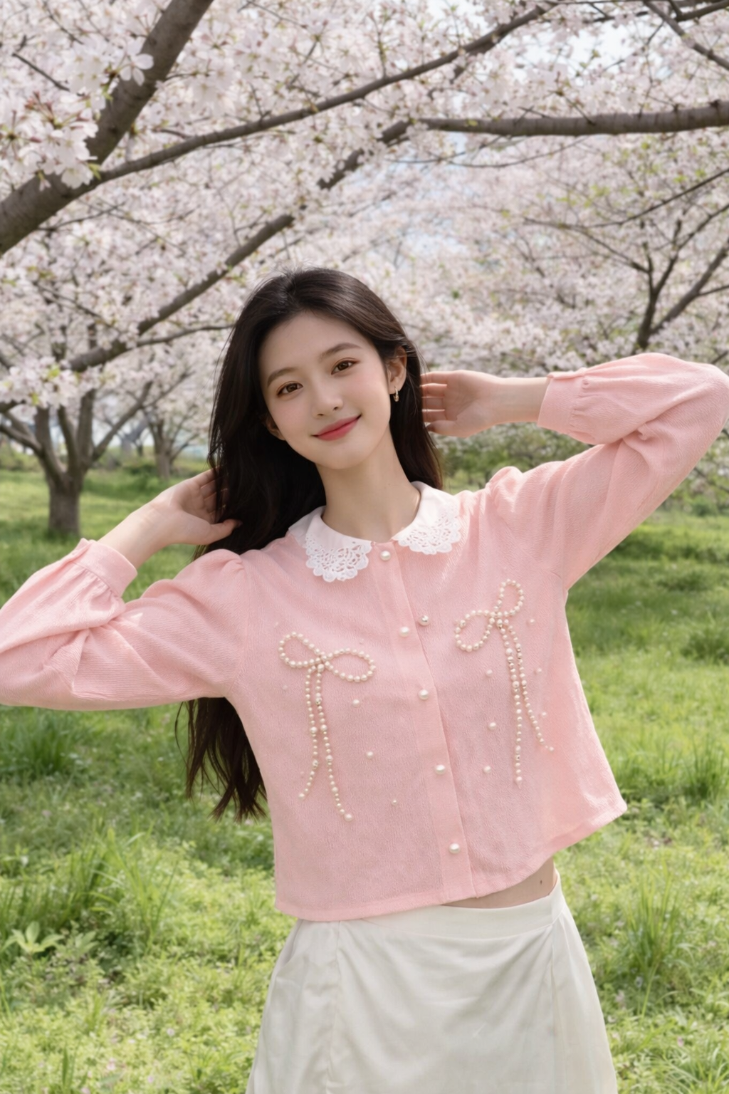 Imported Korean Pearl Bow Lace Collar Shirt for Women – Korean Westernwear Wholesale Supplier