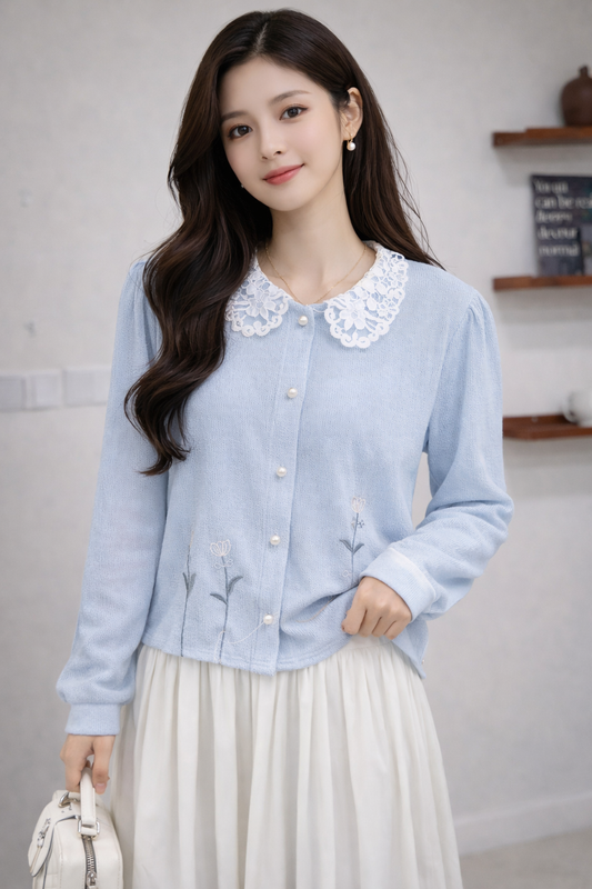 Imported Korean Embroidered Lace Collar Shirt for Women – Korean Westernwear Wholesale Supplier
