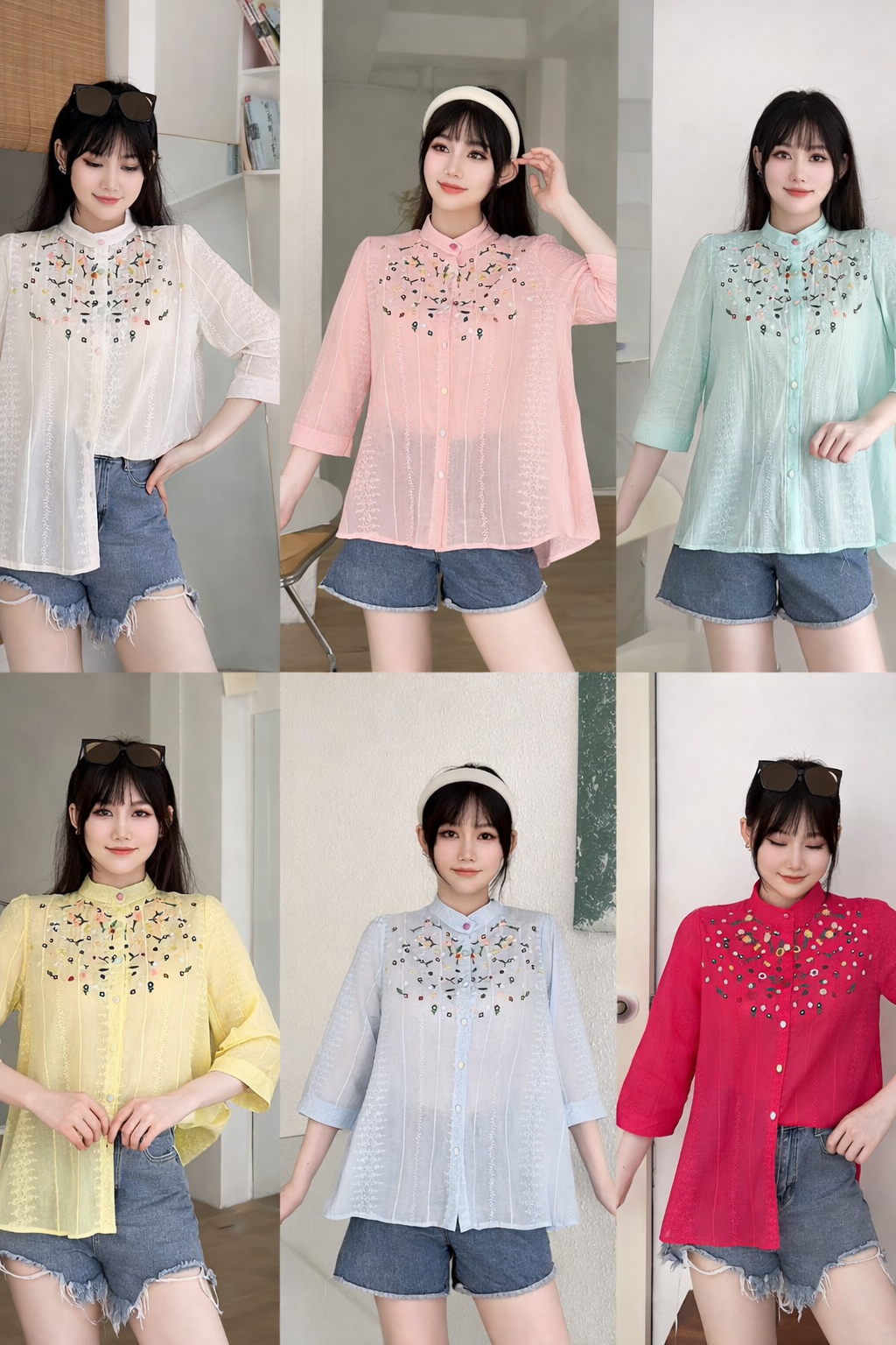 Collage of a woman wearing different colored shirts with floral embroidery and denim shorts.