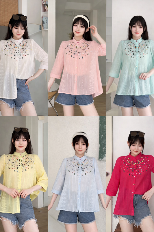 Collage of a woman wearing different colored tops with floral embroidery and denim shorts.