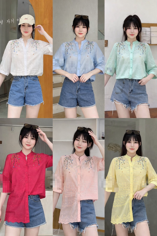 Collage of a person wearing different colored embroidered shirts with denim shorts.
