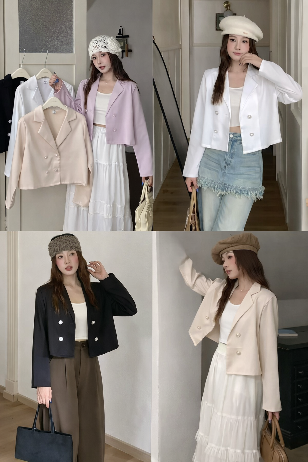 Collage of a woman modeling different outfits with accessories.