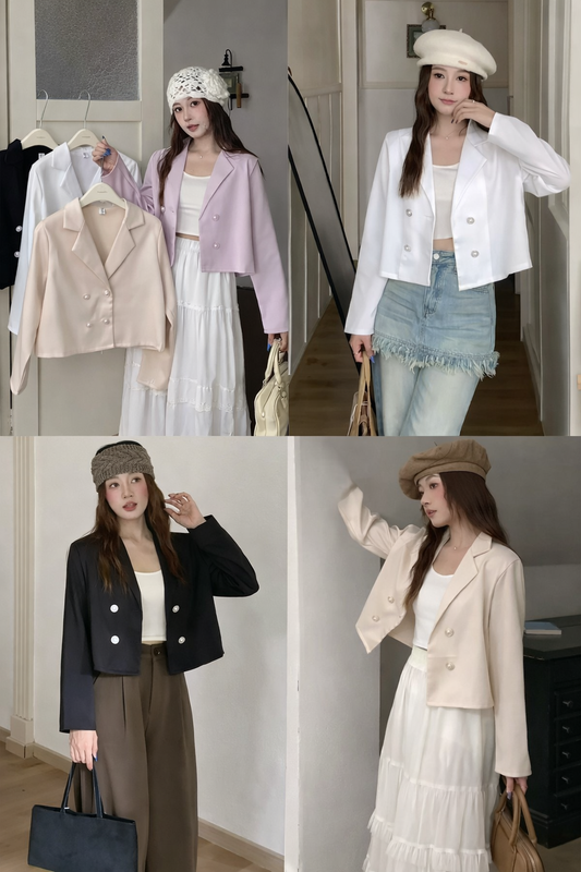 Collage of a woman modeling different outfits with accessories.