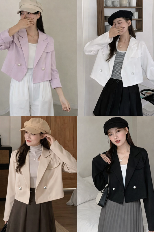 Four different outfits with jackets worn by a person in various settings.